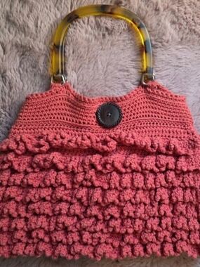 Handmade Coral Crochet Tote with Tortoiseshell Handles